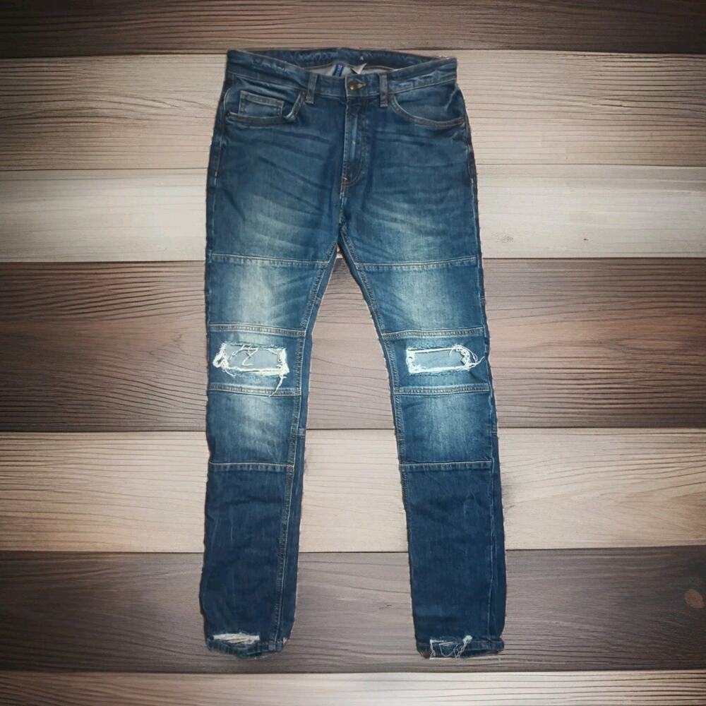 H&M Men's Skinny Slim Dark Wash Distressed Ripped Knee Jeans 32x32 Stretch Denim